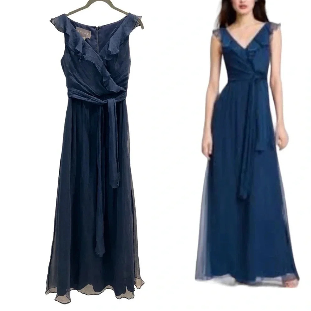 Amsale Bridesmaids Silk Chiffon Ruffle Sleeveless Dress Gown